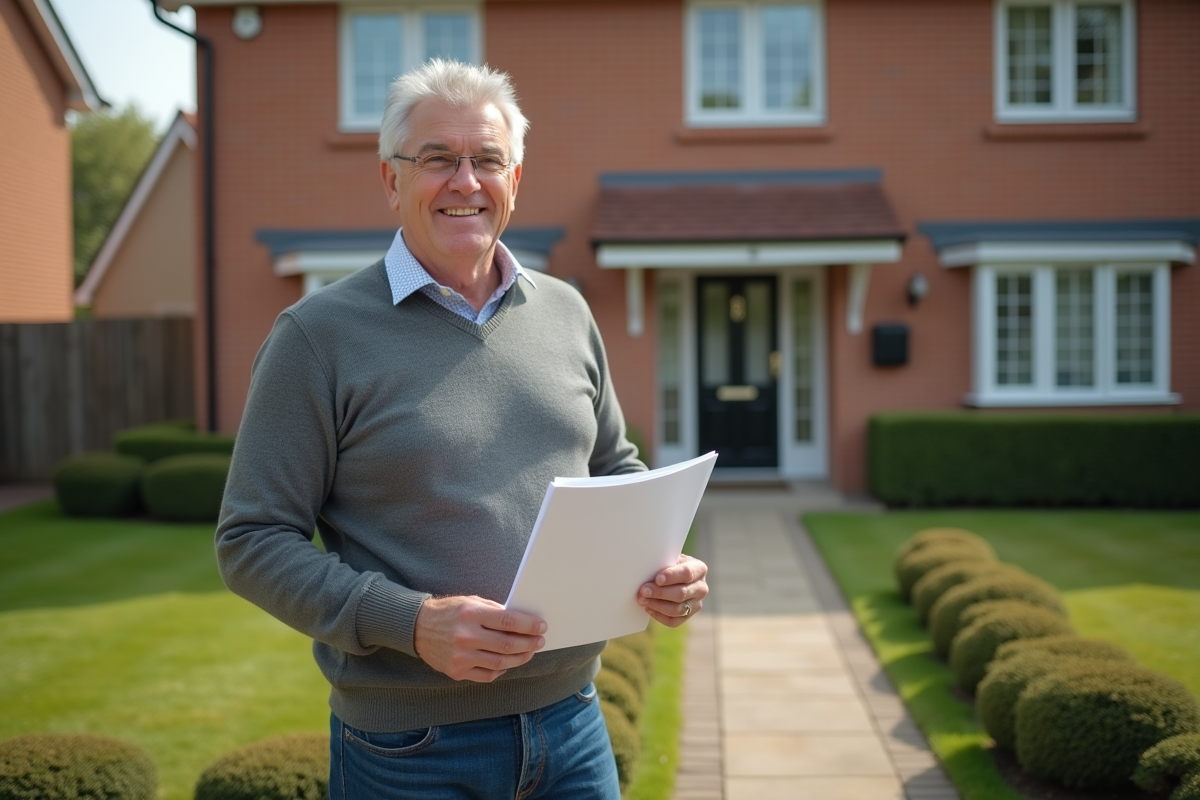 Homme avec dossier de prêt immobilier devant une maison de banlieue