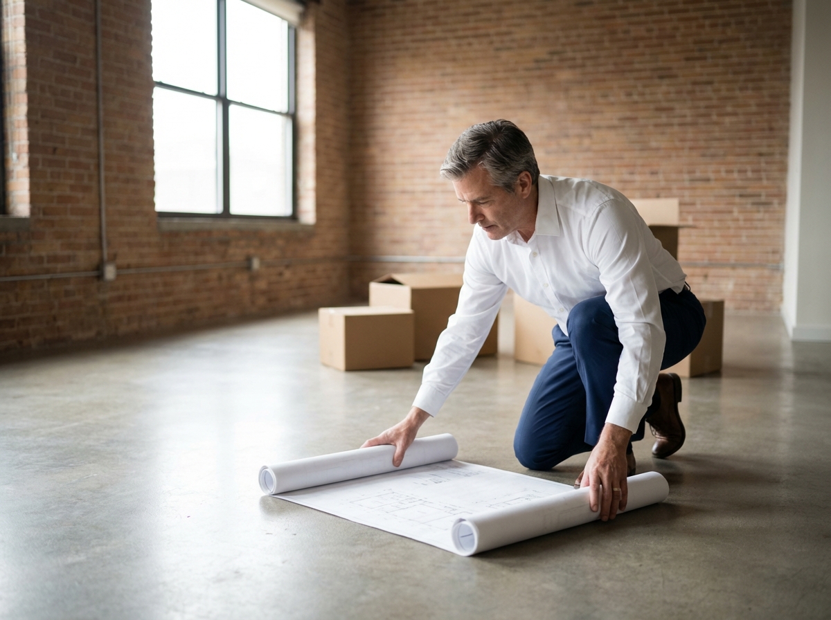Homme en train de déplier un plan dans un appartement vide