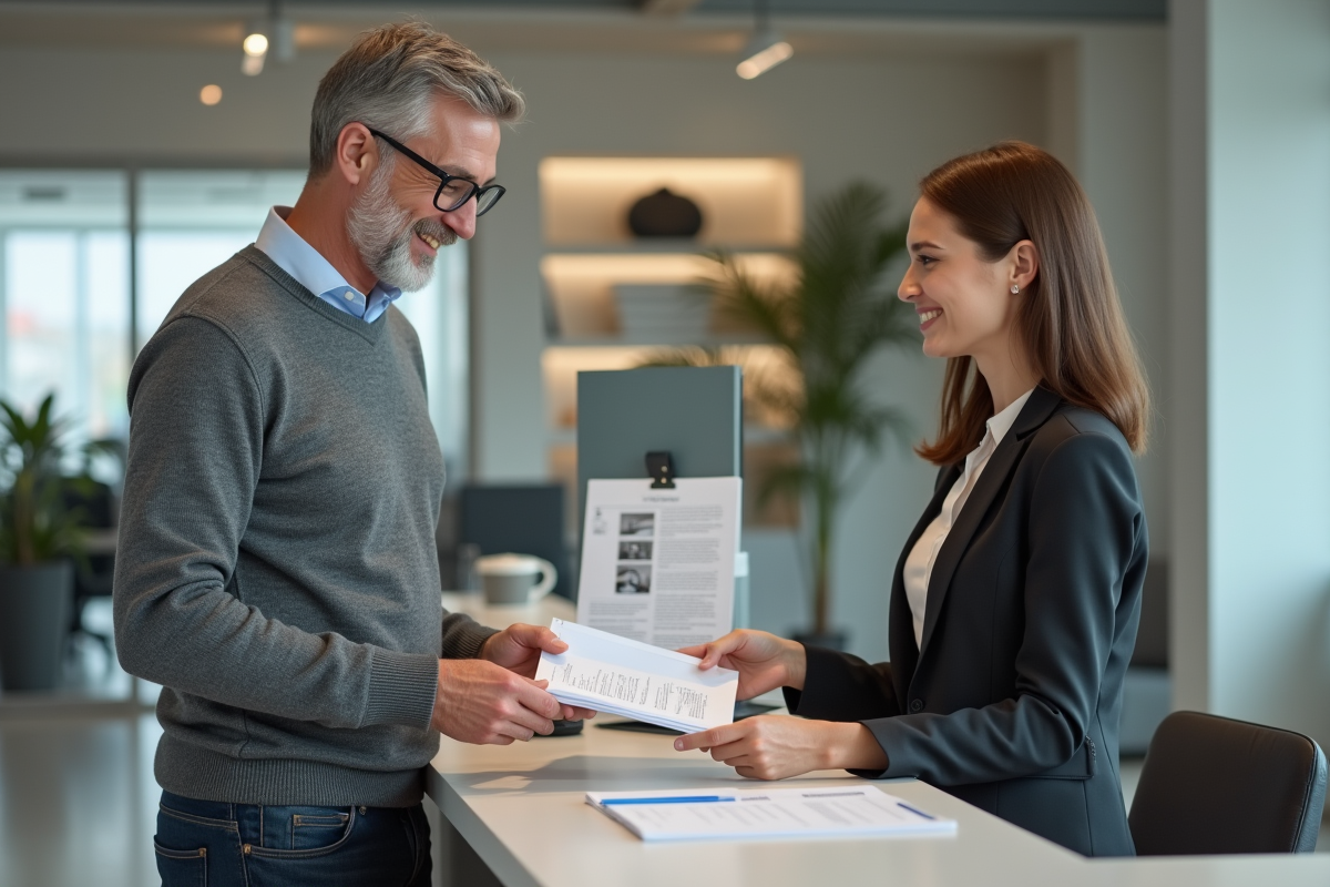 Homme remet un dossier de location à une agent dans un bureau moderne