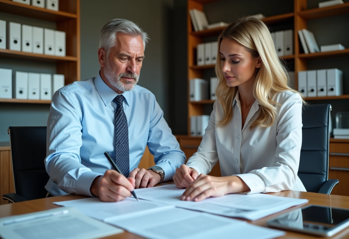 Homme et femme discutant de documents immobiliers