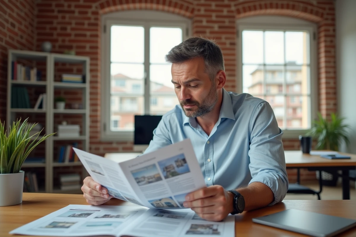Homme en tenue casual examinant des brochures immobilières