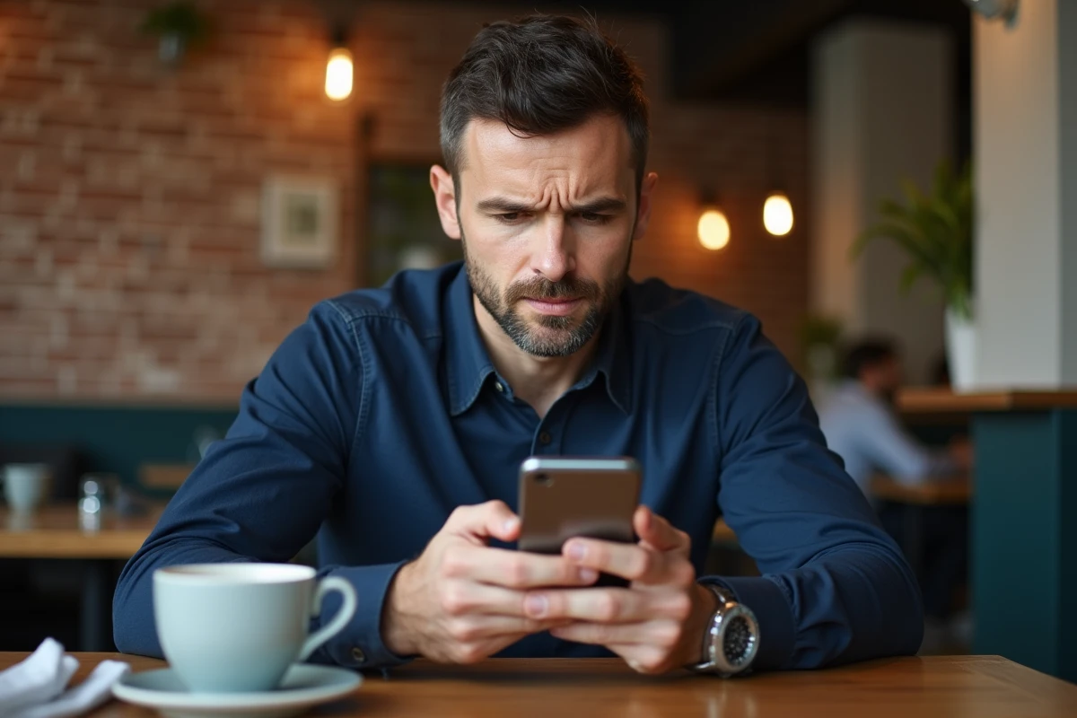 Homme consultant un site web sur smartphone dans un café pour trouver une adresse à jour