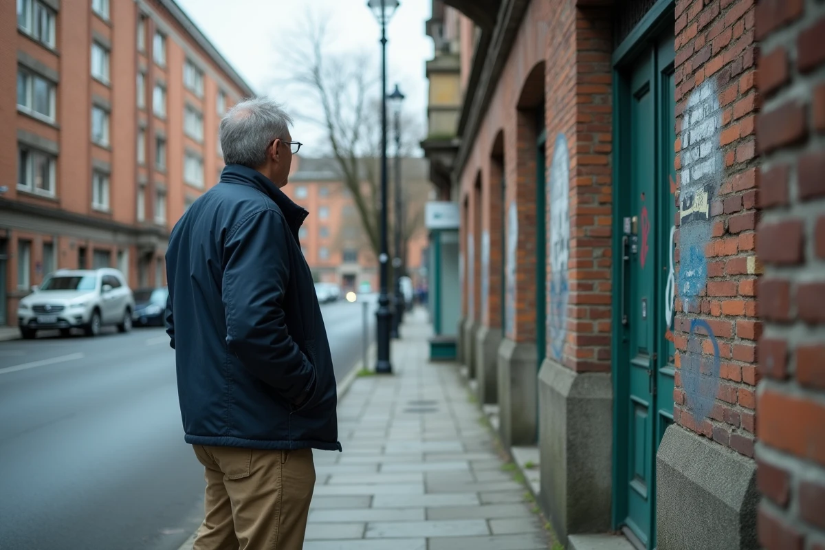 Homme d'âge moyen observant un bâtiment urbain ancien