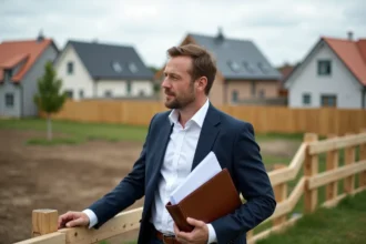 Homme d'affaires regardant un terrain en banlieue