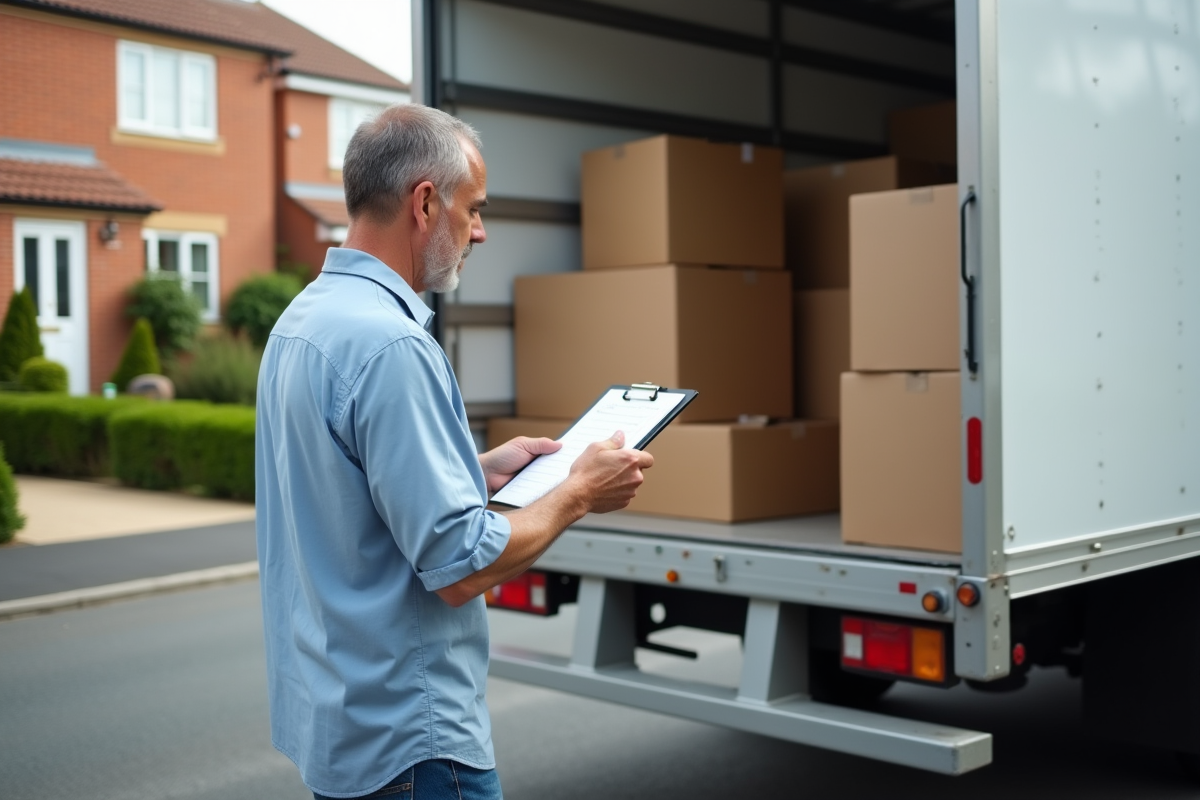 Homme vérifiant des cartons devant un camion de déménagement