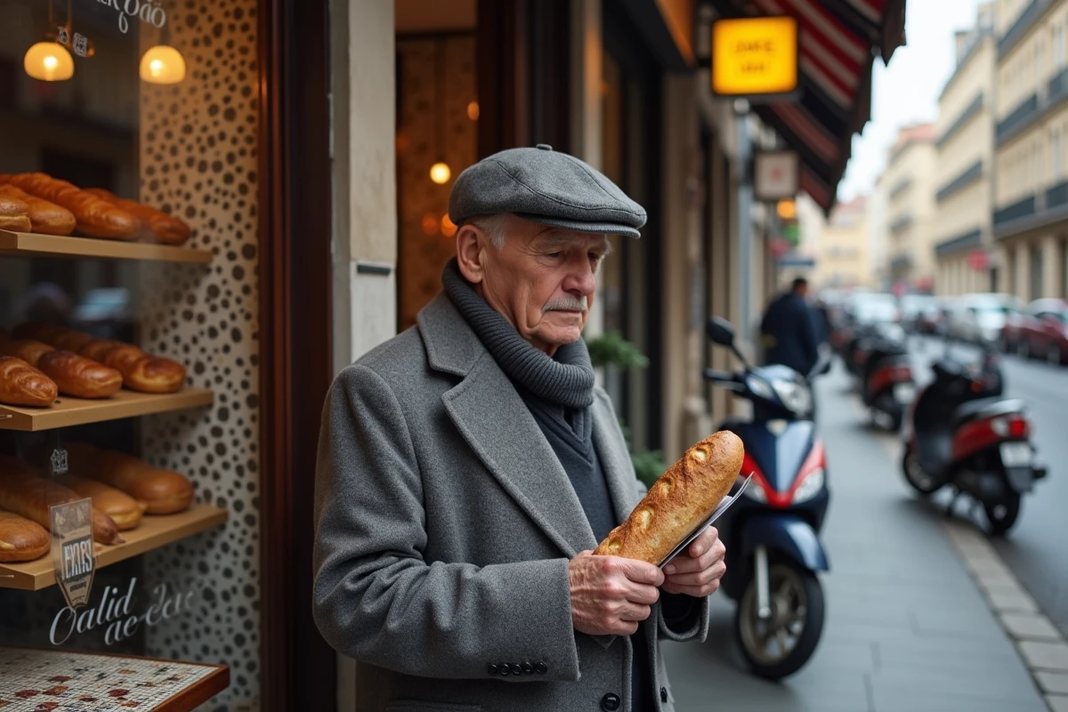Homme âgé avec baguette et flyer devant café avenue industrie