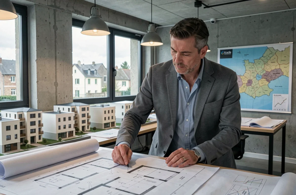 Urbaniste d'Icade Promotion Bourgogne Franche-Comté examinant des plans architecturaux dans un bureau de projet avec maquettes de résidences neuves