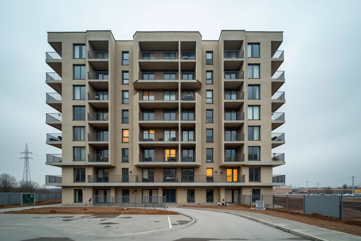 Immeuble résidentiel PSLA neuf en périphérie de Toulouse sous un ciel couvert avec chantier inachevé au premier plan