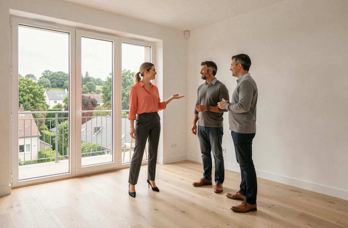 Agente immobilière d'Immoxalis présentant un appartement neuf lumineux à un couple dans une résidence moderne en Bourgogne-Franche-Comté