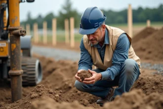 Ingénieur géotechnicien examinant une carotte de sol lors d'une étude de sol en lotissement