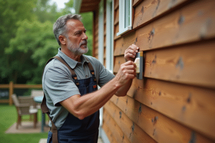 Homme inspectant le bardage en bois d'une maison