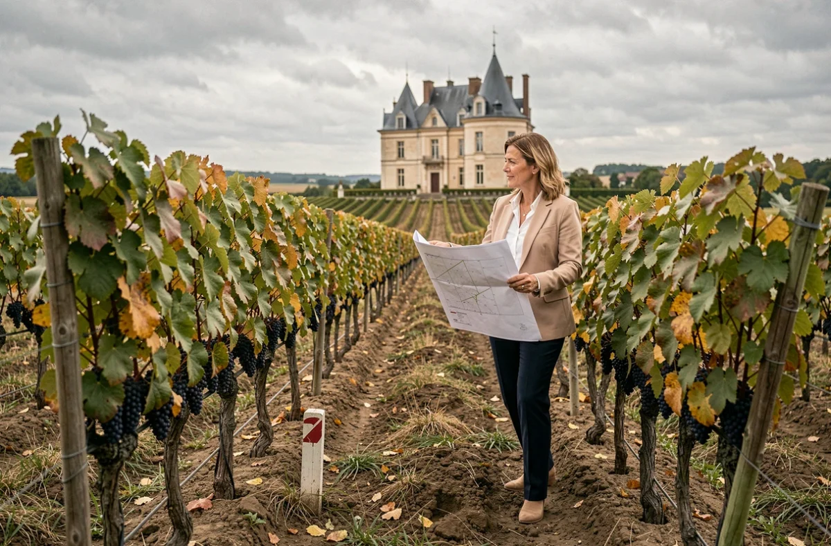 Conseillère juridique inspectant les limites cadastrales d'un vignoble bordelais en automne avec un plan foncier