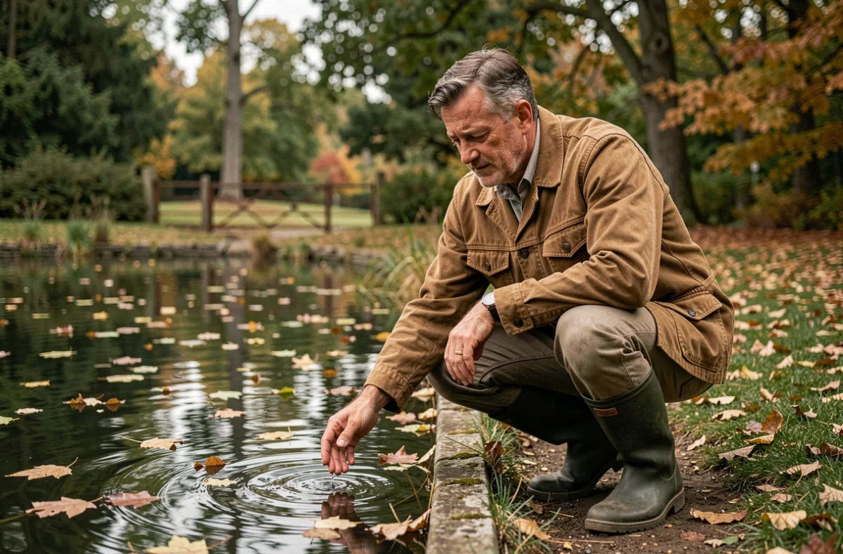 Acheteur inspectant la qualité de l'eau d'un étang privé lors d'une visite entre particuliers