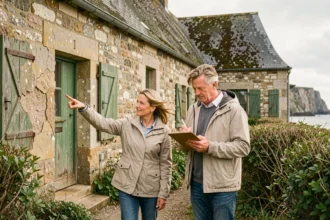 Couple inspectant les fissures d'une maison en pierre normande en bord de mer avant achat immobilier
