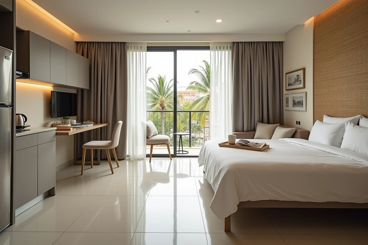 Intérieur d'un appartement meublé en location courte durée à Abidjan Plateau avec vue sur la ville