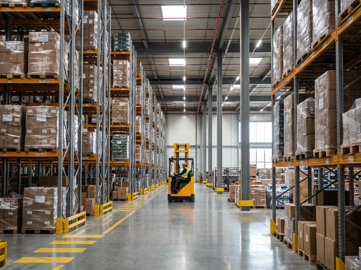 Intérieur d'un entrepôt logistique avec rayonnages et cariste, illustrant les actifs d'une SCPI spécialisée