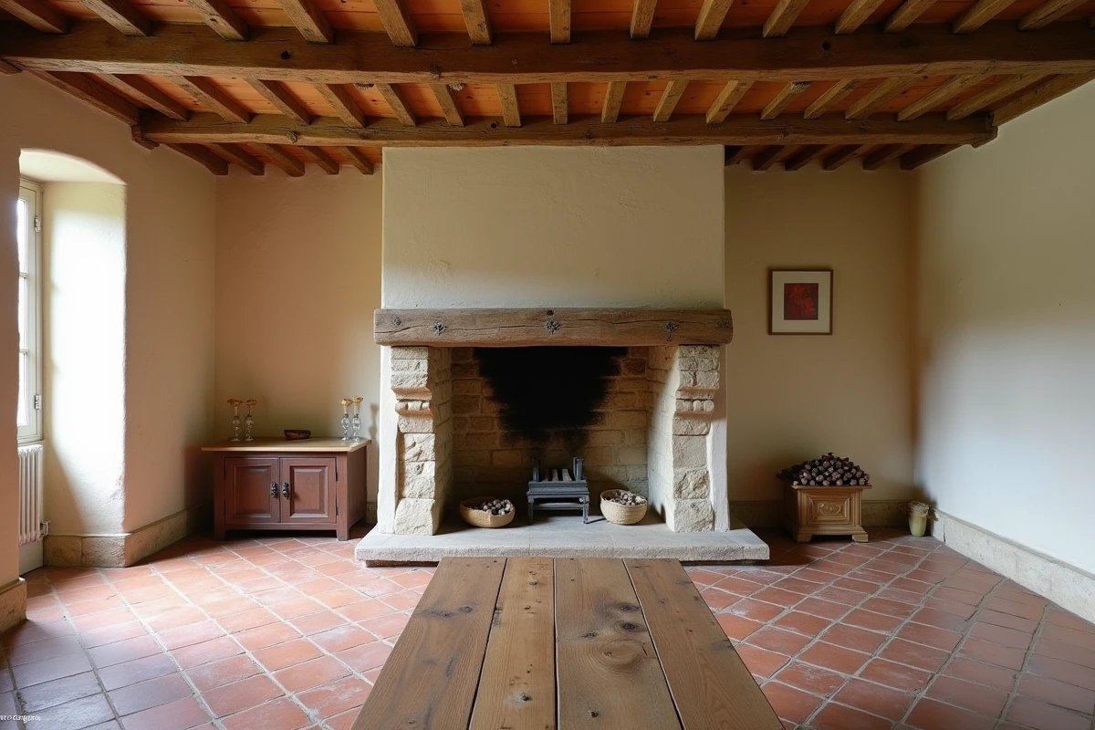 Intérieur restauré d'une longère normande avec poutres en chêne apparentes, cheminée en pierre monumentale et tomettes anciennes