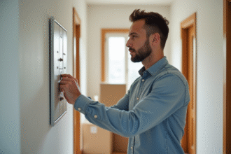 Homme coupant le disjoncteur dans un appartement lumineux