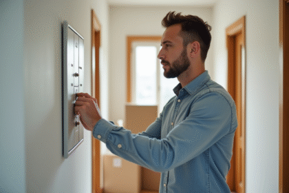 Homme coupant le disjoncteur dans un appartement lumineux