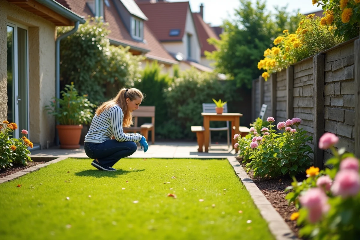 Jardin verdoyant d'une maison en location avec terrasse et potager en région française