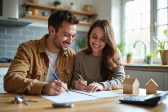 Jeune couple souriant signant un contrat immobilier à la maison