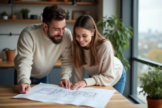 Jeune couple regardant des plans de maison dans un appartement moderne