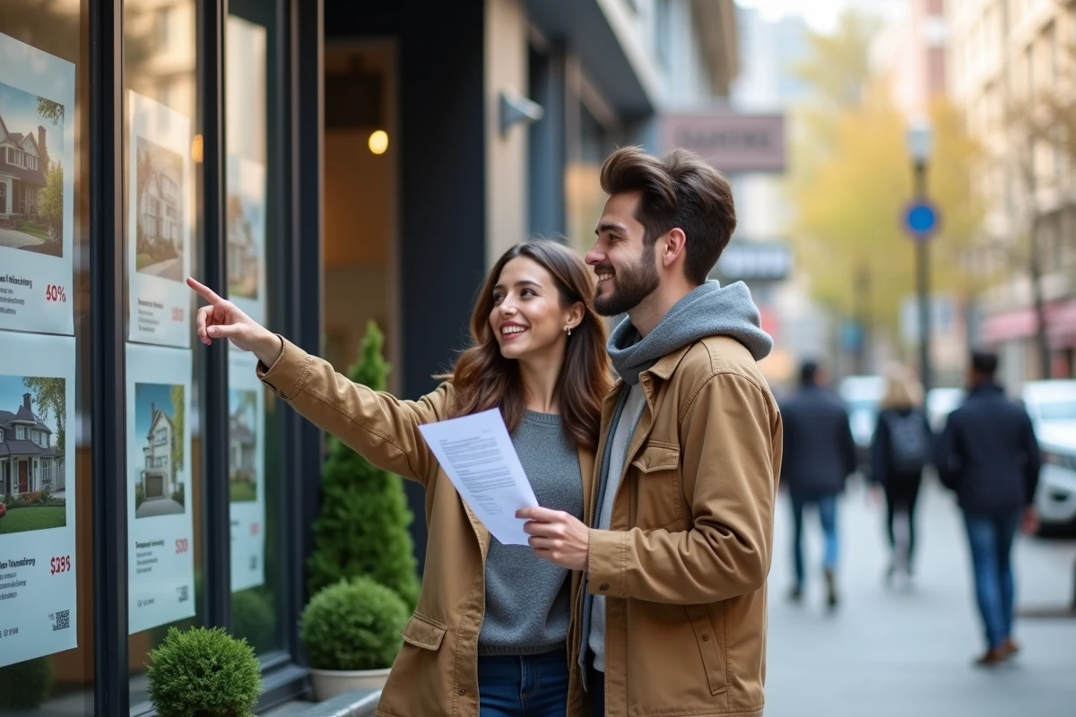 Jeune couple étudiant les annonces immobilières devant une agence avec leur accord de prêt en main