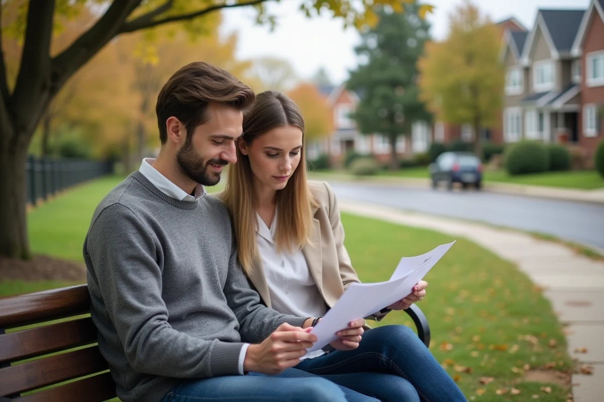 Jeune couple examinant des documents immobiliers en plein air