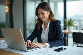 Jeune femme architecte au bureau avec plans et ordinateur
