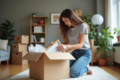 Jeune femme emballant des photos dans un salon moderne
