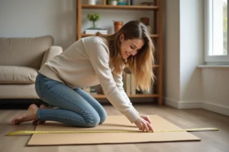 Jeune femme mesure un grand carton dans le salon