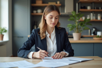 Jeune femme en blazer organise des papiers dans une cuisine lumineuse
