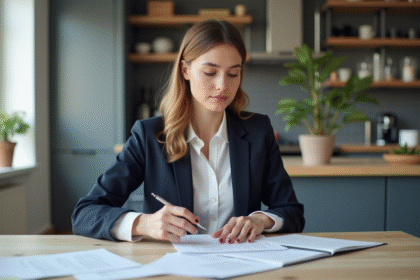 Jeune femme en blazer organise des papiers dans une cuisine lumineuse