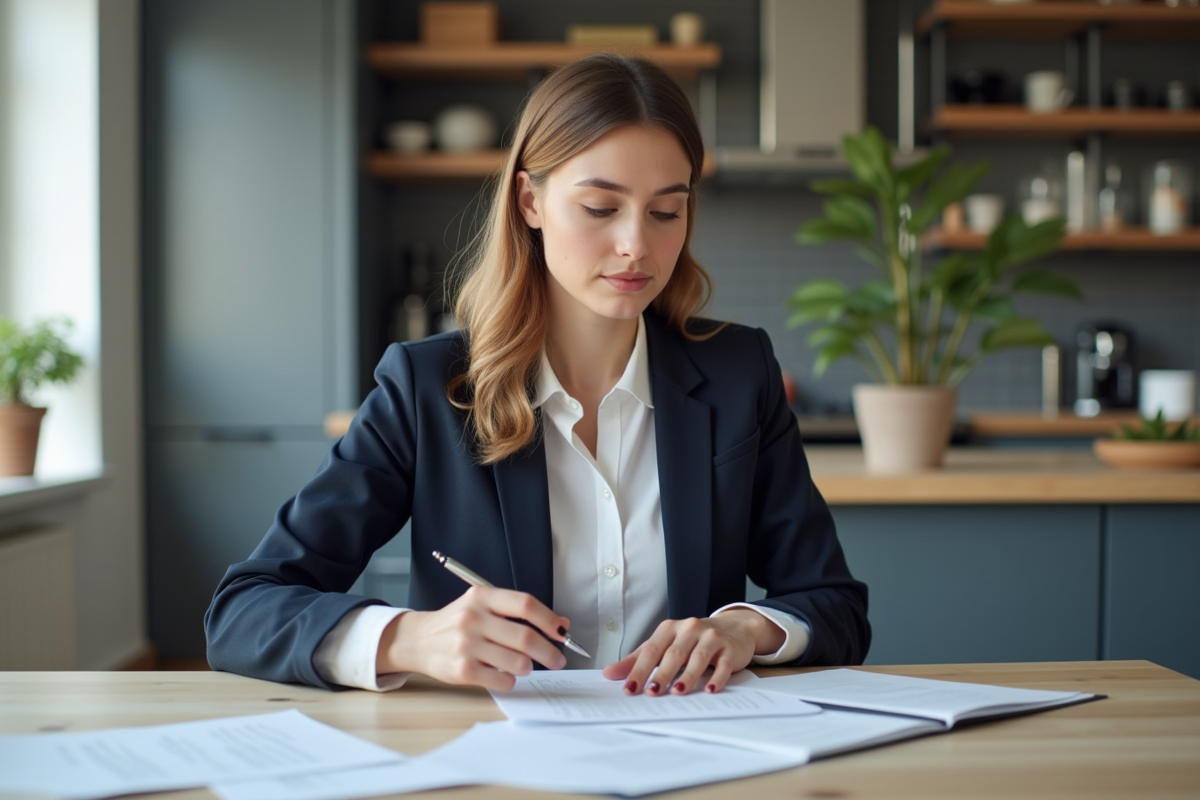 Jeune femme en blazer organise des papiers dans une cuisine lumineuse