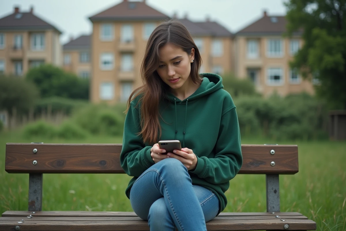 Jeune femme assise sur un banc dans un parc urbain