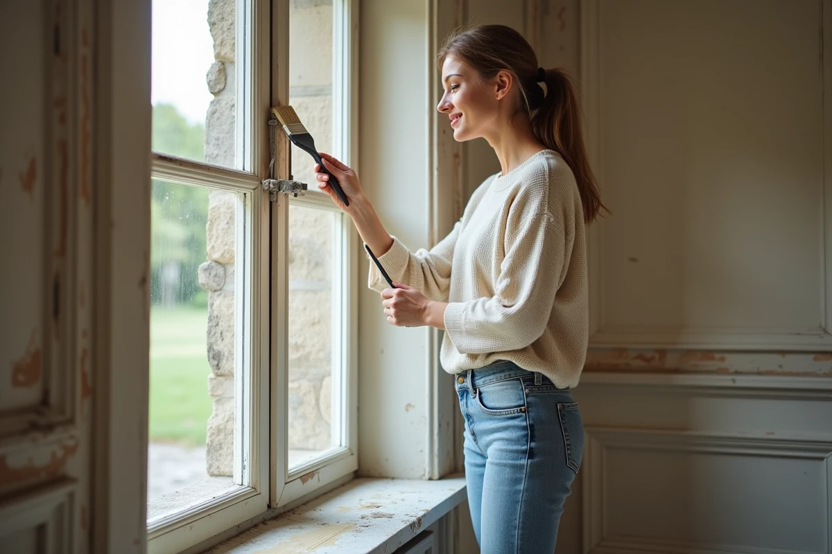 Jeune femme peignant une fenêtre restaurée du château