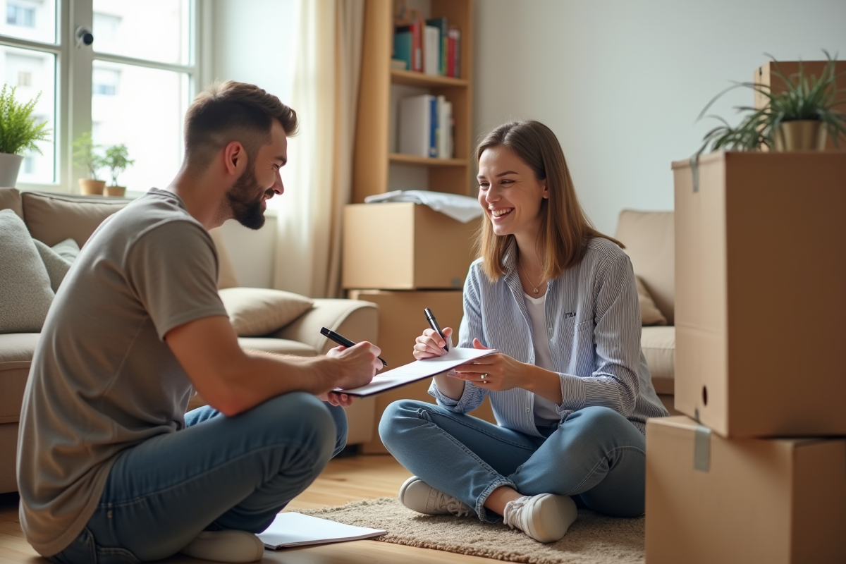 Jeune femme souriante signant des papiers avec un déménageur dans un salon lumineux