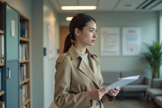 Jeune femme en trench beige dans un bureau administratif