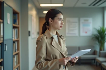 Jeune femme en trench beige dans un bureau administratif