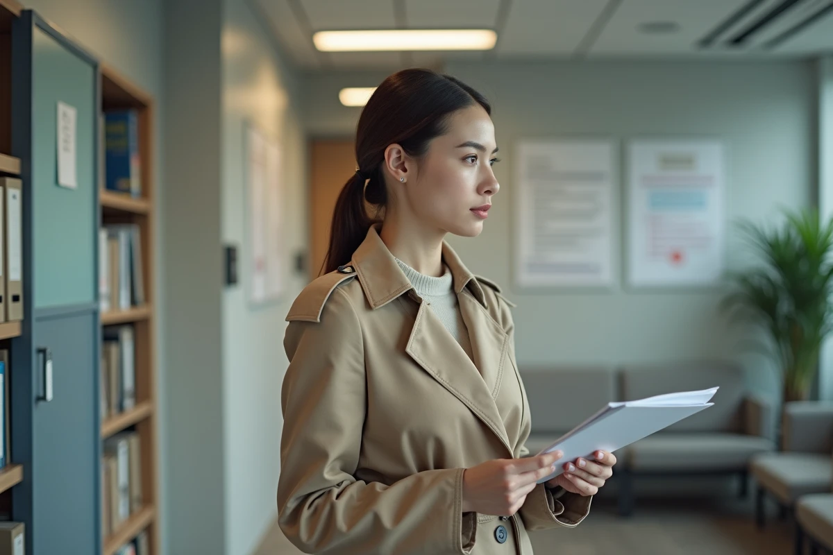 Jeune femme en trench beige dans un bureau administratif