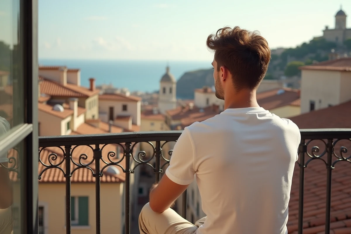 Jeune homme regardant la ville depuis un balcon