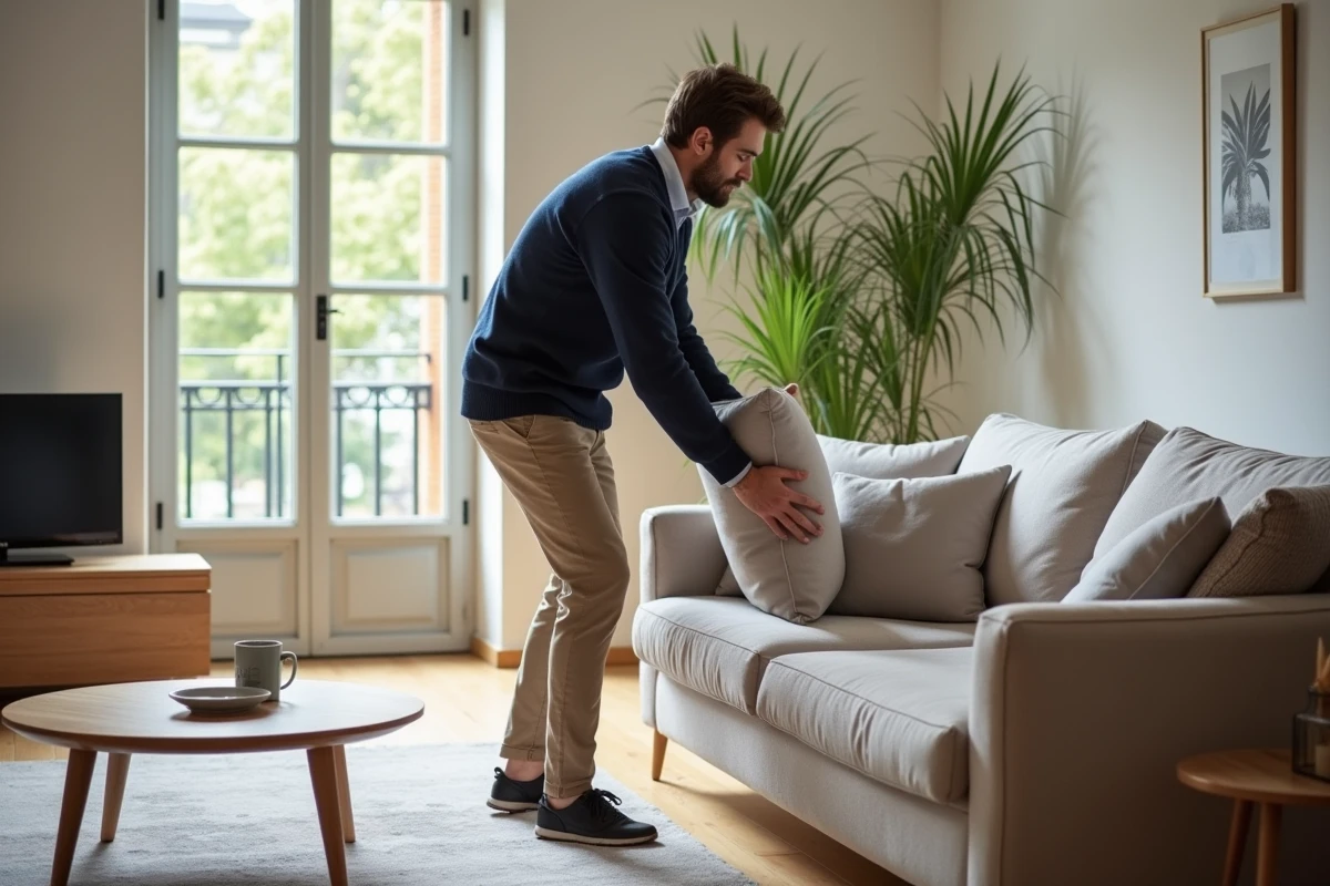 Jeune homme arrangeant des coussins dans un salon lumineux