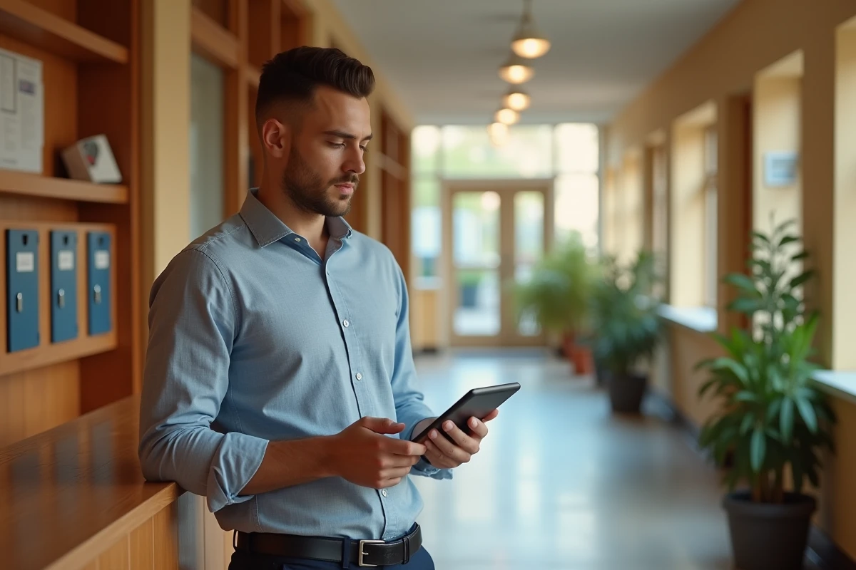 Jeune homme dans un hall résidentiel avec boîte aux lettres