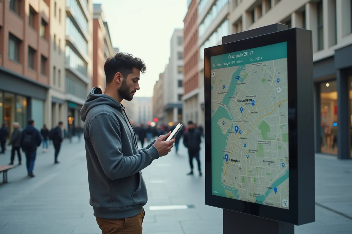 Jeune homme utilisant son smartphone devant un panneau de ville