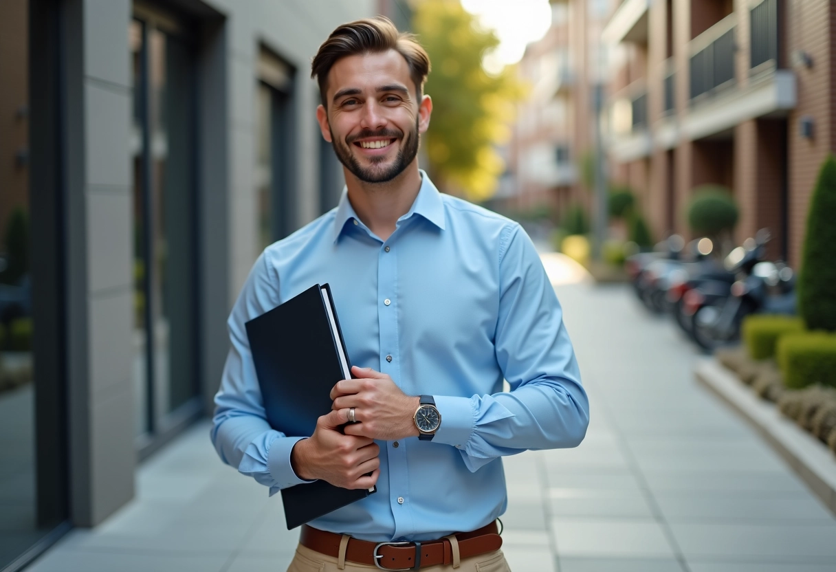 Jeune homme souriant devant un immeuble résidentiel en ville