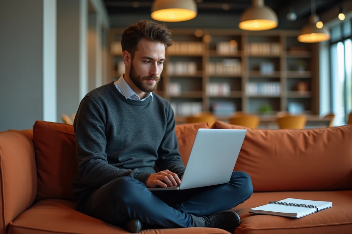 Jeune professionnel utilisant un intranet sur laptop dans un espace collaboratif pour planifier sa journée de travail