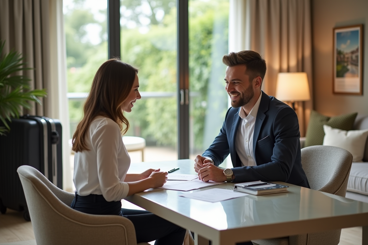 Jeune couple discutant de contrats dans un appartement moderne