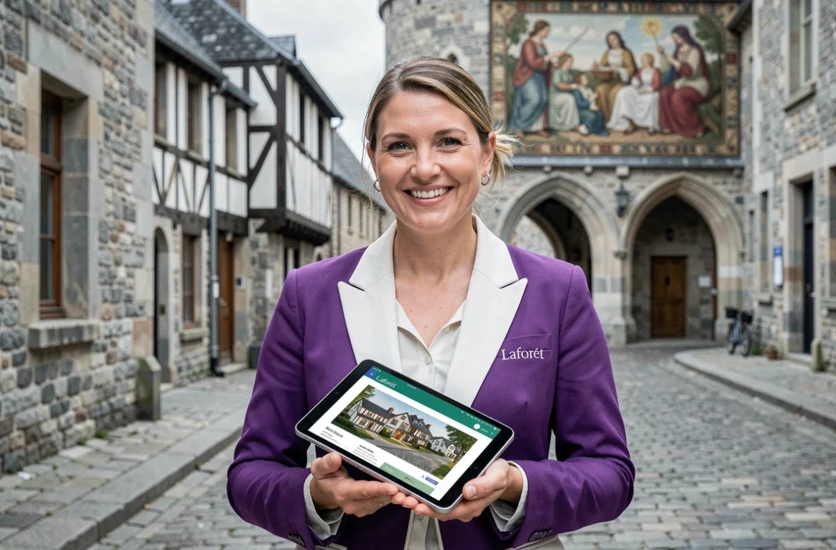Agente Laforêt Bayeux en blazer violet devant le centre historique médiéval de Bayeux