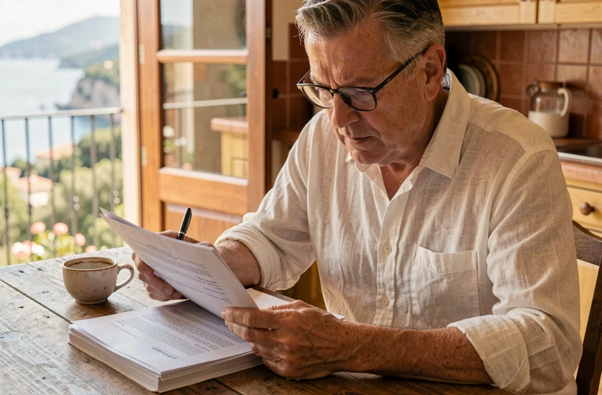 Homme lisant attentivement les documents légaux d'une multipropriété Pierre et Vacances dans un appartement de vacances