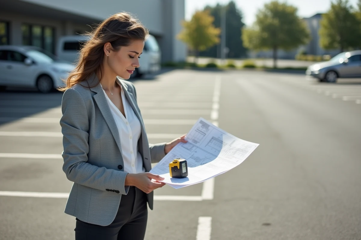 Professionnelle comparant un plan technique aux dimensions réelles d'une place de stationnement extérieur lors d'un litige de conformité
